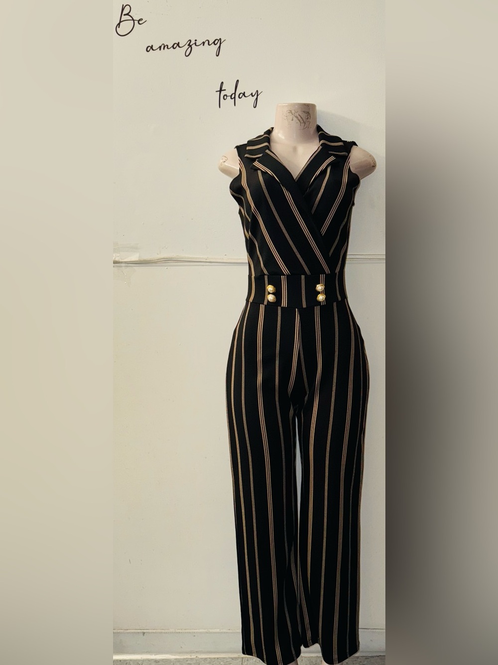 Sleeveless Black Jumpsuit with Gold Stripe Detail
